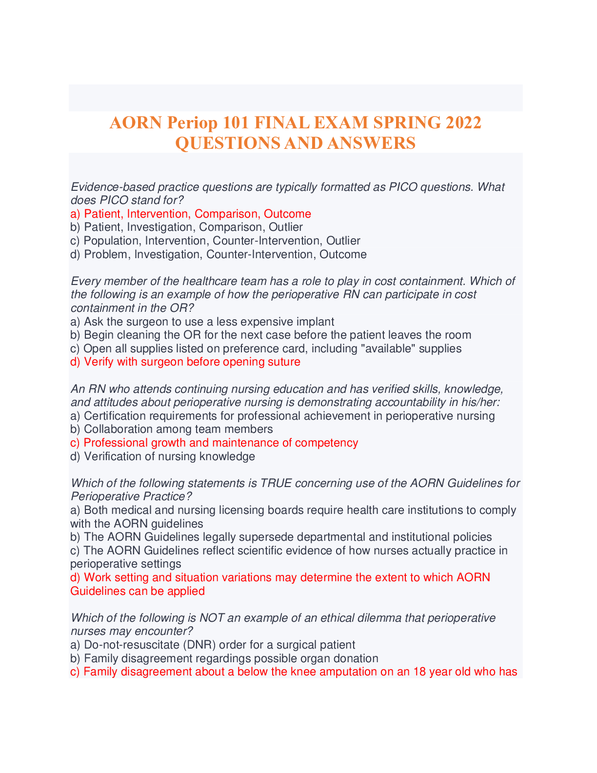 Preview image for AORN Periop 101 FINAL EXAM SPRING 2022 QUESTIONS AND ANSWERS GRADED A